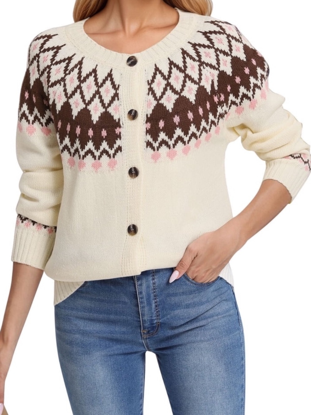 Cream Knit Fair Isle Button‑Front Sweater Cardigan